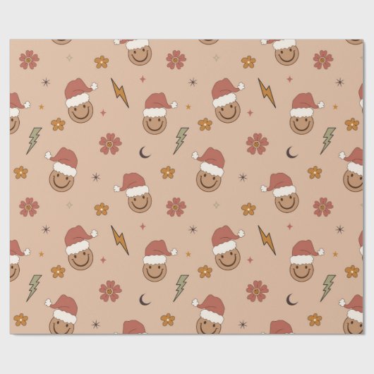 70s Nostalgie Retro Groovy Gelukkig Gezicht Kerstm Cadeaupapier (Vlak)