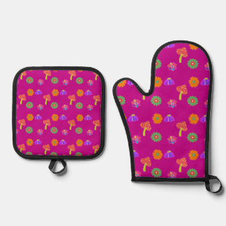 70's paddenstoel en bloemen ovenwant & pannenlap set