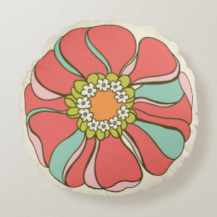 70s Pink & Aqua Retro Bloem Rond Kussen