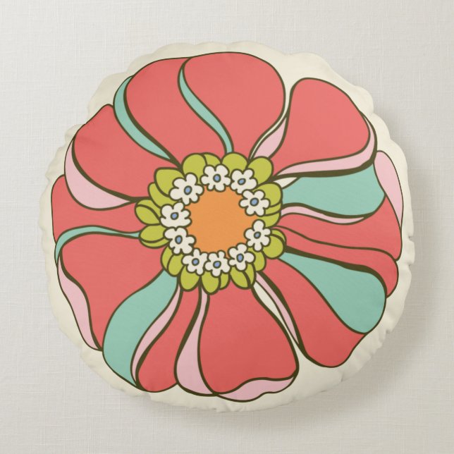70s Pink & Aqua Retro Bloem Rond Kussen (Voorkant)
