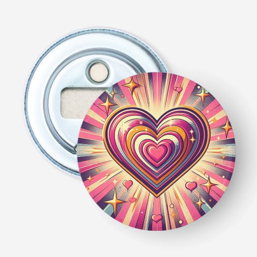70s pop kunst hart/Valentijnse  Button Flesopener (Voorkant)