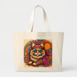 70's psychedelic cat grote tote bag