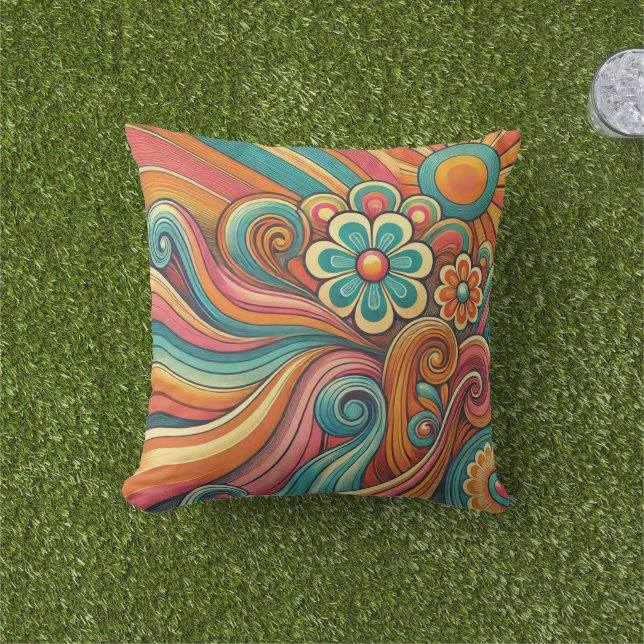 70s Psychedelic Floral Design – Retro Groovy Art Buitenkussen (Gras)
