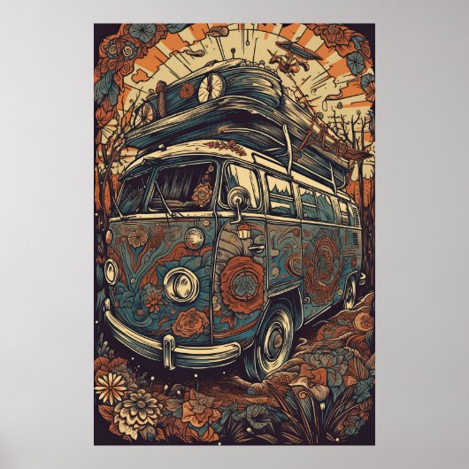 70s Psychedelic Hippie Van Retro AI Art Poster (Voorkant)