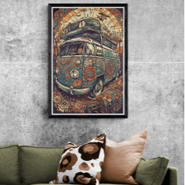 70s Psychedelic Hippie Van Retro AI Art Poster