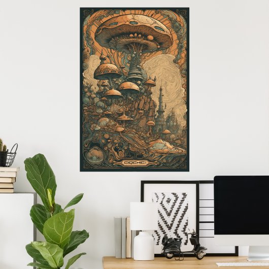 70s Psychedelic Mushroom AI Art | Retro Abstract Poster (Thuiskantoor)