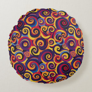 70s Psychedelische Retro Swirl Patroon | felrood, Rond Kussen