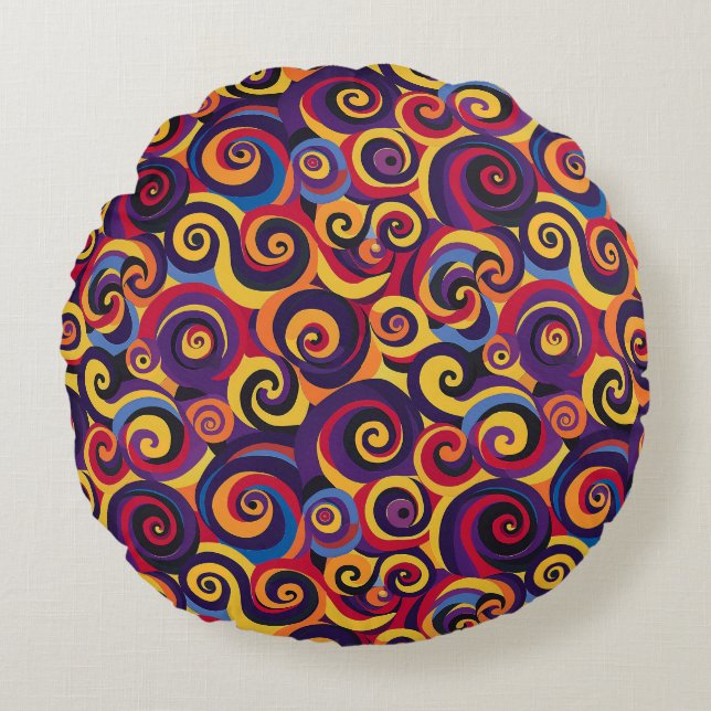 70s Psychedelische Retro Swirl Patroon | felrood, Rond Kussen (Voorkant)