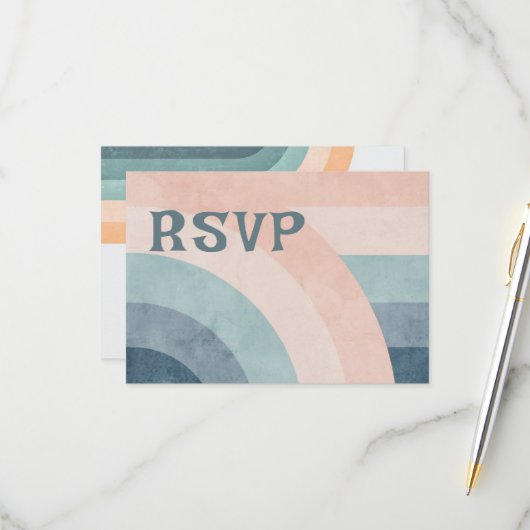 70s  regenboog bruiloft RSVP kaartje (Voorkant / Achterkant in situ)