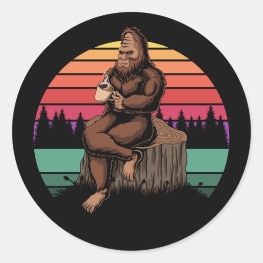 70s Retro Bigfoot & koffie Ronde Sticker (Voorkant)