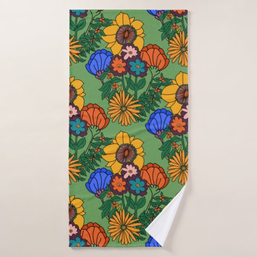 70s Retro Bloemen Groen - Retro midden eeuw modern Badhanddoek (Badhanddoek)