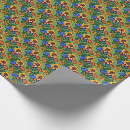 70s Retro Bloemen Groen - Retro midden eeuw modern Cadeaupapier (Hoek)