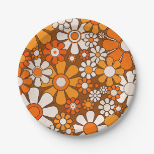 70s Retro Bloemen Patroon met Groovy 1970s Bloemen Papieren Bordje