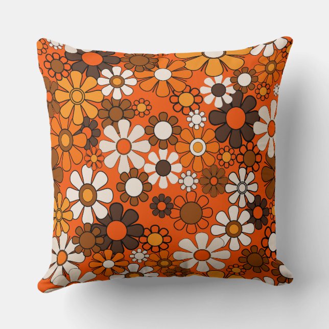 70s Retro Bloemendecor Bruin Oranje Boho Sfeerdeco Kussen (Achterkant)