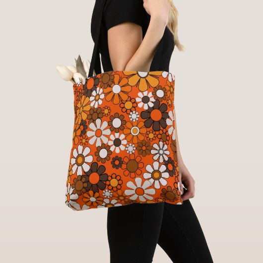 70s Retro Bloemendecor Bruin Oranje Boho Tote Bag (Dichtbij)