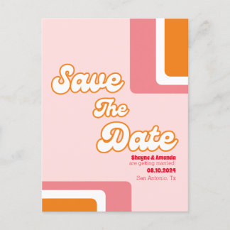 70s retro blos roze oranje groovy save the date aankondigingskaart