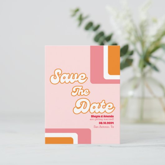 70s retro blos roze oranje groovy save the date aankondigingskaart (Staand voorkant)