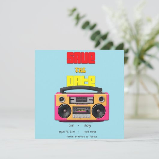 70s Retro Boombox Bewaar de datum aankondiging Kaa (Staand voorkant)