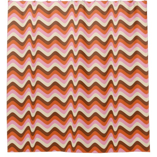 70s Retro Bruin Roze Golven Douchegordijn (Voorkant)