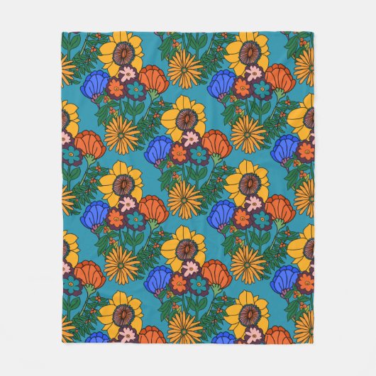 70s Retro Floral Blue Sierkussen Fleece Deken (Voorkant)