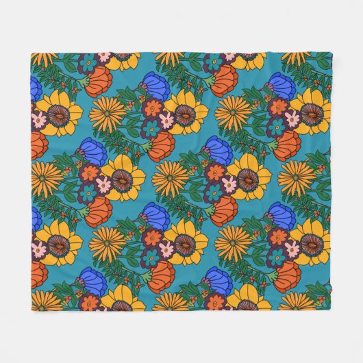 70s Retro Floral Blue Sierkussen Fleece Deken (Voorkant (Horizontaal))