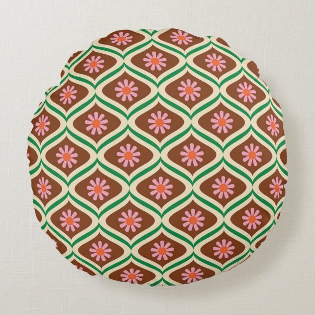 70s retro  floreel patroon rond kussen (Voorkant)