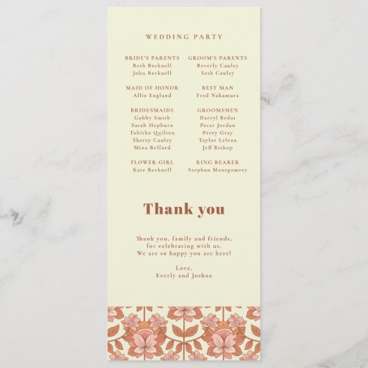 70s Retro geïnspireerd Oranje huwelijksprogramma Programmakaart (Achterkant)