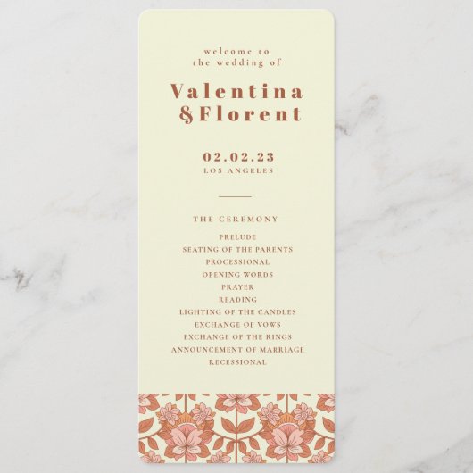 70s Retro geïnspireerd Oranje huwelijksprogramma Programmakaart (Voorkant)