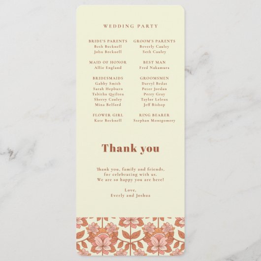 70s Retro geïnspireerd Oranje huwelijksprogramma Programmakaart (Achterkant)