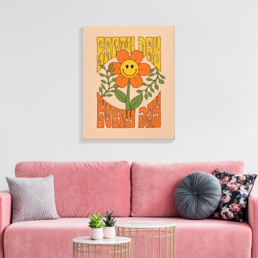 70's Retro glimlende Daisy Flower Canvas Afdruk (Insitu (Woonkamer))