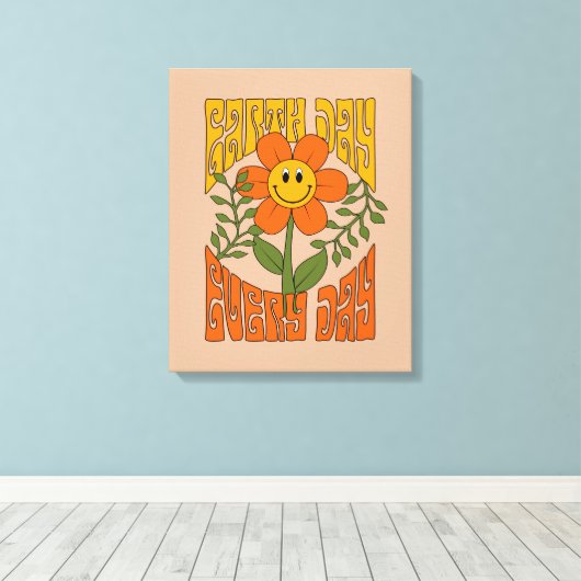 70's Retro glimlende Daisy Flower Canvas Afdruk (Insitu (Houten vloer))