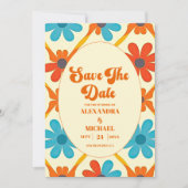70's Retro Groovy Oranje bruiloft Save The Date (Voorkant)