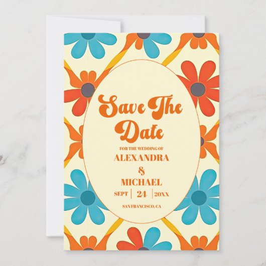 70's Retro Groovy Oranje bruiloft Save The Date (Voorkant)