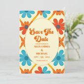 70's Retro Groovy Oranje bruiloft Save The Date (Staand voorkant)