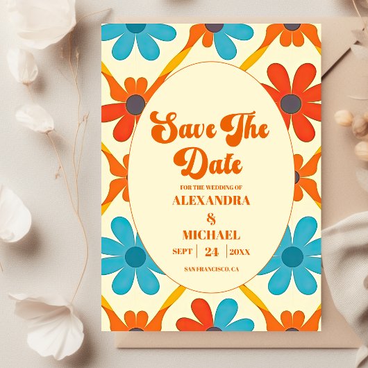 70's Retro Groovy Oranje bruiloft Save The Date