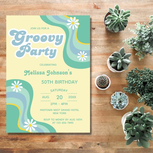70s Retro Groovy Party Daisies Gele Verjaardag Kaart