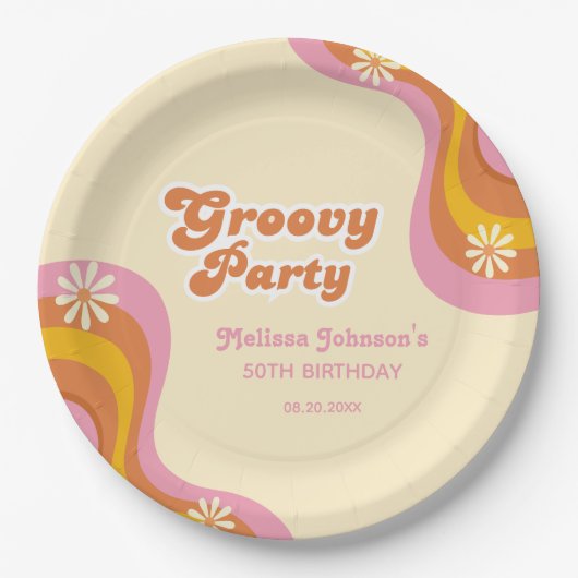 70s Retro Groovy Party Daisies Peach Verjaardag Papieren Bordje (Voorkant)
