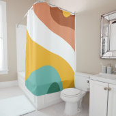 70s Retro Groovy Pattern Blauwgroen, Oranje, geel Douchegordijn (In situ)