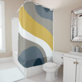 70s Retro Groovy Pattern Navy, Mustard, Grey Douchegordijn (In situ)