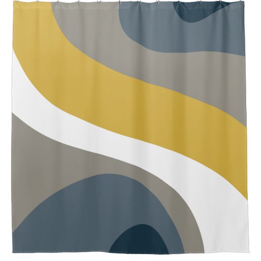 70s Retro Groovy Pattern Navy, Mustard, Grey Douchegordijn (Voorkant)