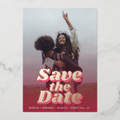 70's Retro Groovy Viva Magenta Foto slaat de datum Folie Uitnodiging (Voorkant)