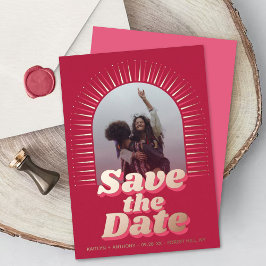 70's Retro Groovy Viva Magenta Foto slaat de datum Folie Uitnodiging