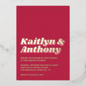 70's Retro Groovy Viva Magenta trouwrepetitie Folie Uitnodiging (Voorkant)