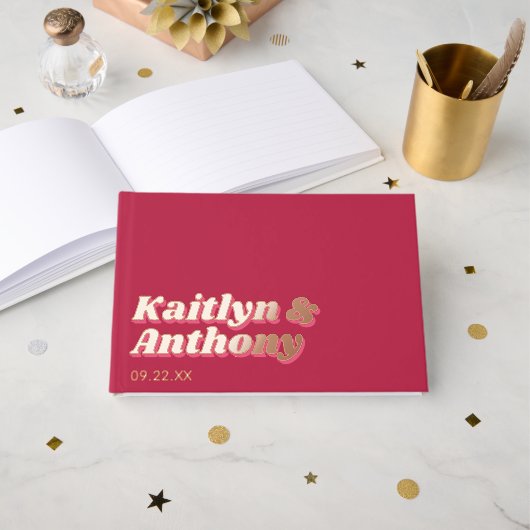 70's Retro Groovy Viva Magenta Wedding Gastenboek (Voorkant open)