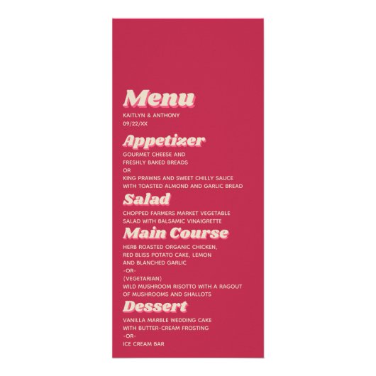 70's Retro Groovy Viva Magenta Wedding Menu (Voorkant)