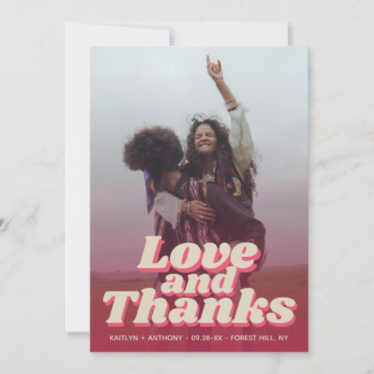 70's Retro Groovy Viva Magenta Wedding Photo Bedankkaart (Voorkant)