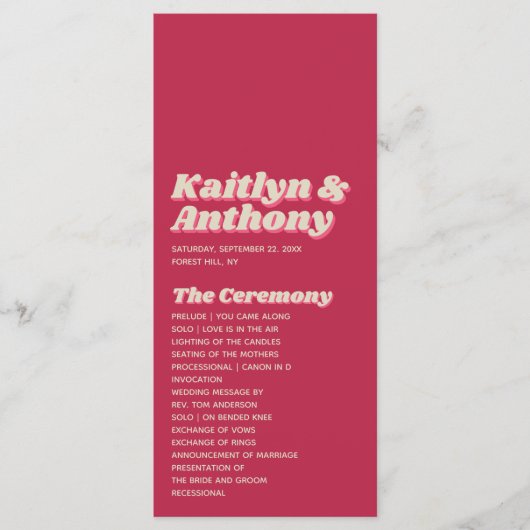 70's Retro Groovy Viva Magenta Wedding Programmakaart (Voorkant)