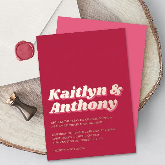 70's Retro Groovy Viva Magenta Wedding Real Folie Uitnodiging