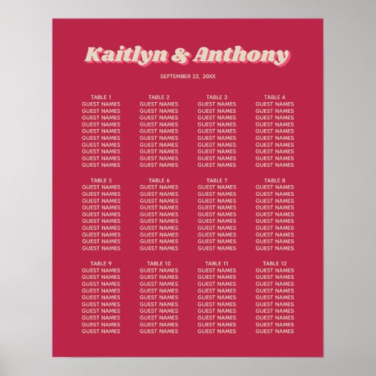 70's Retro Groovy Viva Magenta Wedding Seating Poster (Voorkant)