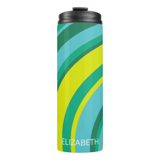 70s Retro Groovy Wave Regenboog Blauwgroen Groen G Thermosbeker (Voorkant)